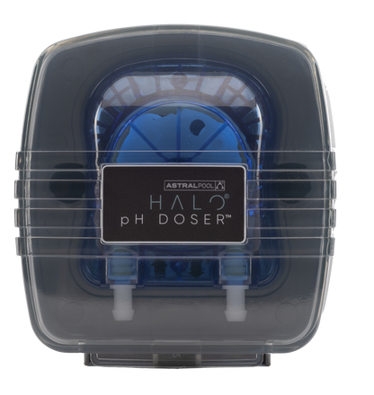 AstralPool Halo pH Doser with clear cover on a white background