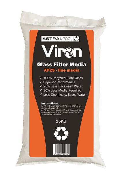 A package of Astral Viron Glass Filter Media in fine grade, with branding and product information displayed.
