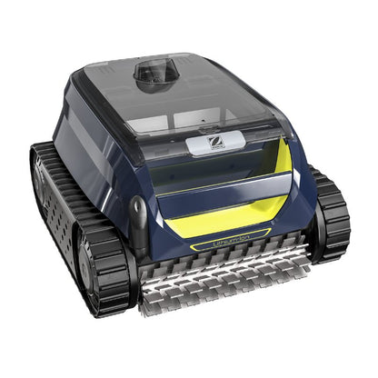 Robotic pool cleaner with blue and yellow design on a white background
