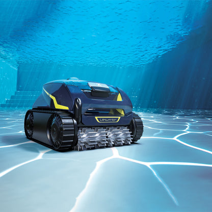 Robotic pool cleaner in a pool with underwater view