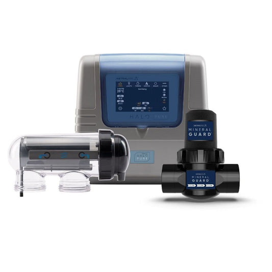 Water treatment system with digital display and additional components on a white background