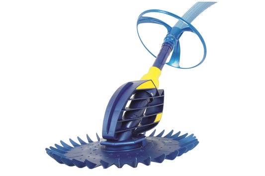 Blue and yellow pool cleaning device on a white background